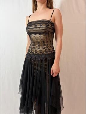 Black Mesh Overlay Embellished Corset Vintage Masquerade Formal Dress